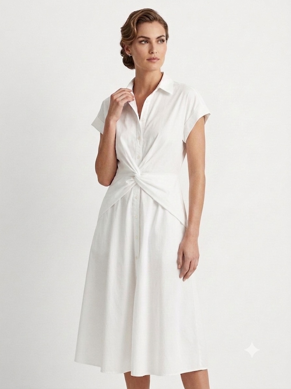 Lauren Ralph Lauren 100% Cotton White Knot-Front Midi Shirt Dress size 10